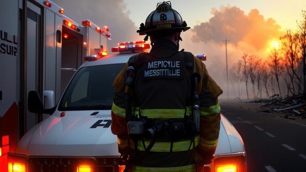 A firefighter wears a fireman's shirt that says mescale mescale messatite.