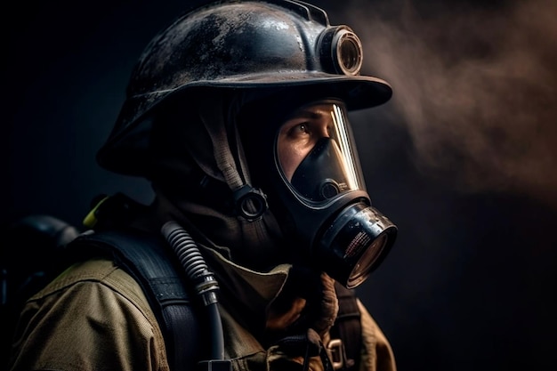 Photo a firefighter wears a gas mask in the dark.