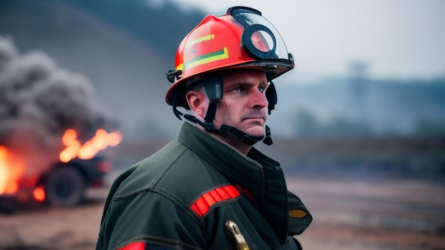 Photo a firefighter wears a red helmet with a green and yellow sticker on it