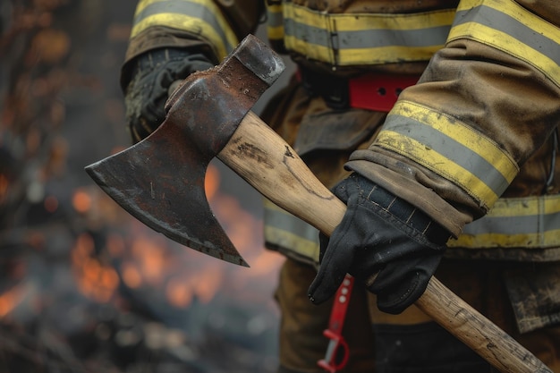 Photo firefighter wields axe with purpose and determination