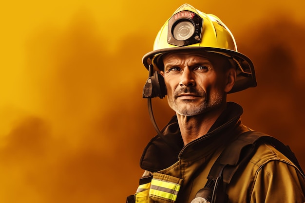 Firefighter with copy space on yellow background