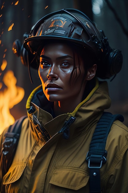 Firefighter with fire in the background Generative AI