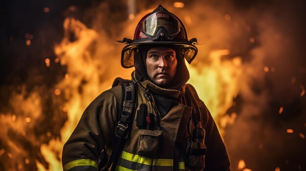 Firefighter with fire background