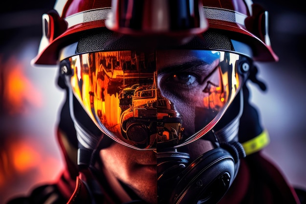 firefighter with helmet and mask protection of oxygen and fire on blurred background