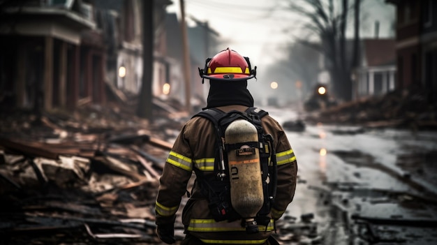 Firefighter with his back on a street in a city Generative AI