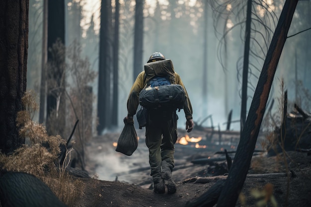 Firefighter with pack on back and hose in hand walking through charred forest after wildfire