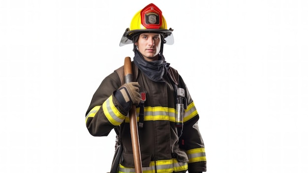 Firefighter with suit and safety helmet on flat white background