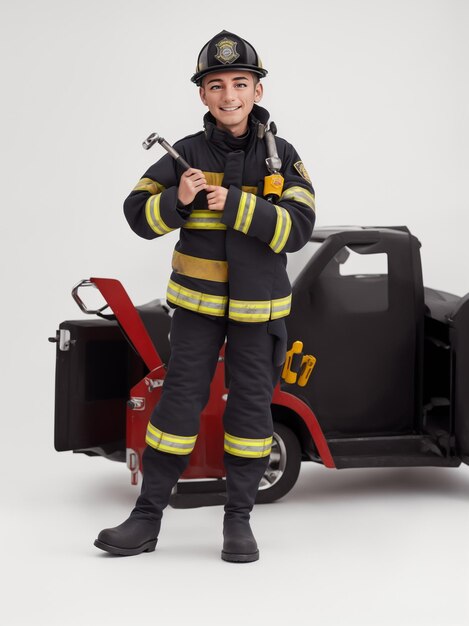 a firefighter with a toy car