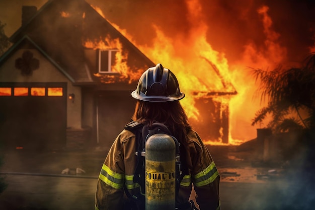 Firefighter woman door burning house Generate Ai