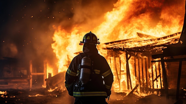 Пожарный работает в горящем здании Пожарный на пламени задний вид фона Генеративный ИИ
