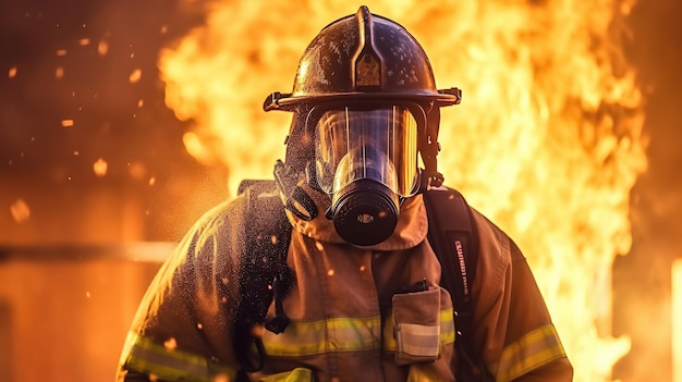 Firefighter works in burning building fireman on flame background Generative AI