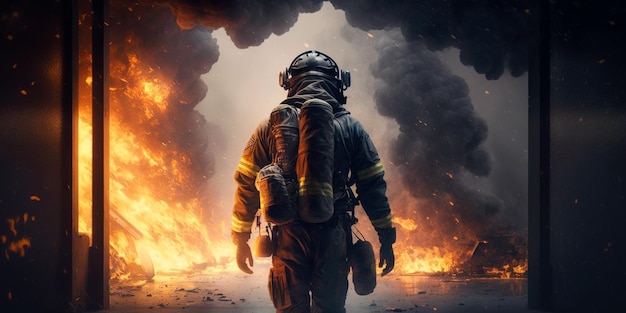 Firefighter works on fire fireman walks inside burning building illustration generative AI