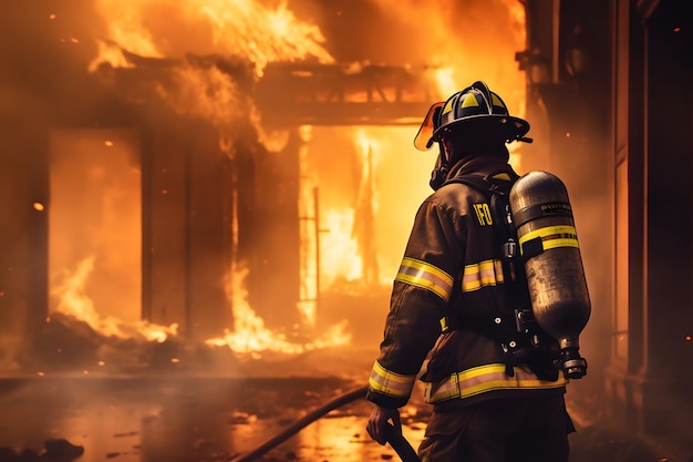 Firefighter works on fire fireman walks inside burning building