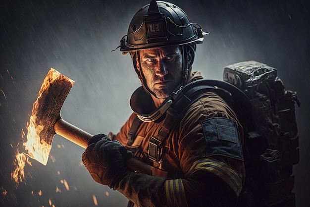 Firefighter works on fire portrait of fireman holding fire axe generative AI