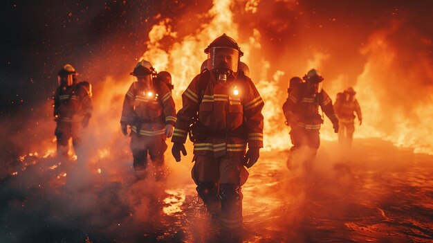 Foto vigili del fuoco in azione che combattono il fuoco e il fumo in situazioni pericolose