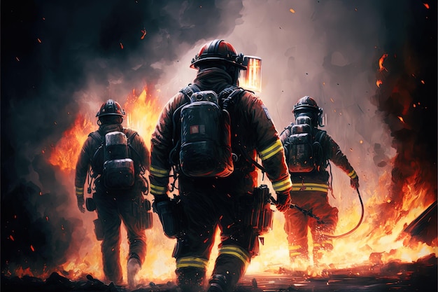 Photo firefighters in action big flames brave firefighters generative ai