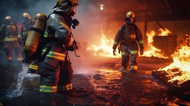 firefighters in action on a building with a fire