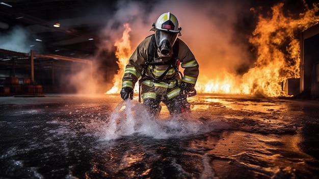 firefighters in action on a building with a fire