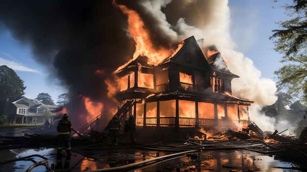 Photo firefighters are battling a house fire in a residential neighborhood generative ai