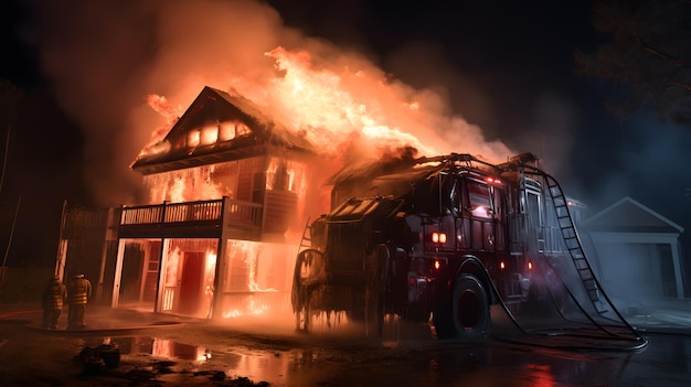 firefighters are battling a house fire with a hose Generative AI
