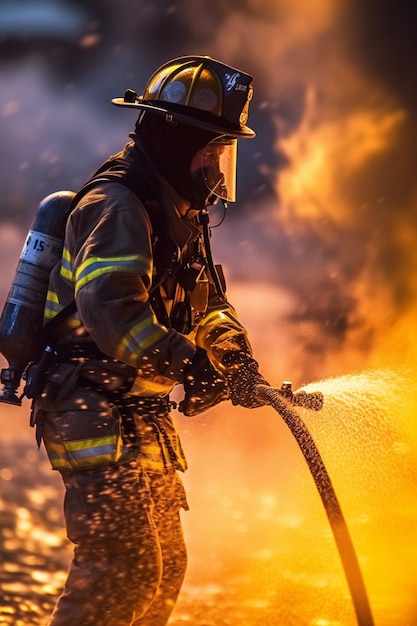 Firefighters are fighting a fire with a hose in the street generative ai