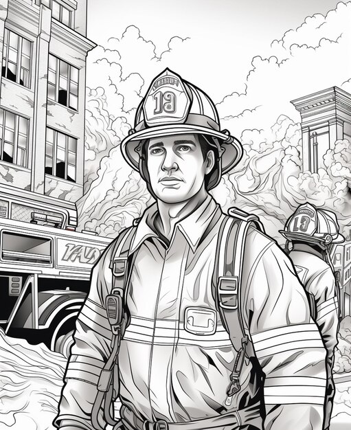 firefighters are standing in front of a fire truck in a city generative ai