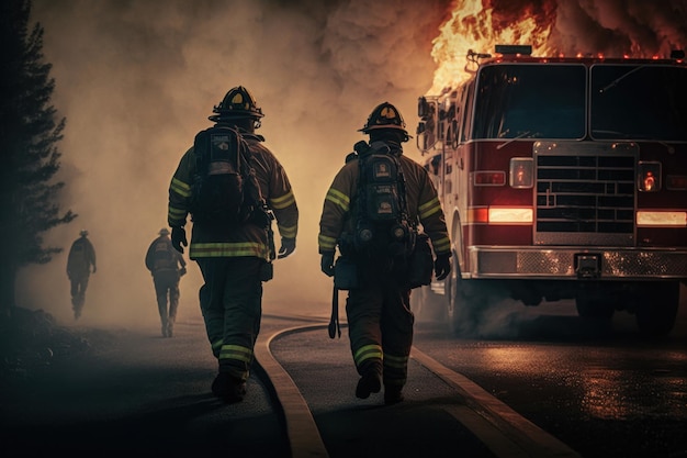 Photo firefighters attacking a fire created with generative ai technology