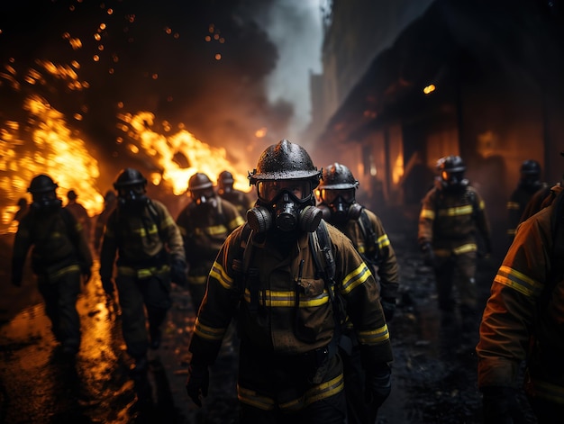 Firefighters on the background of fire Generative AI