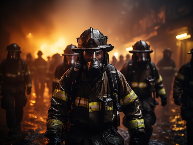 Firefighters on the background of fire Generative AI