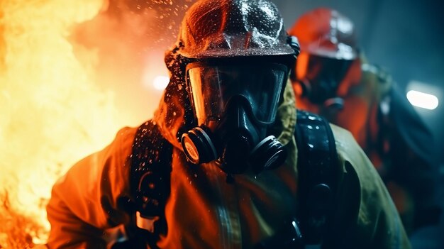 Firefighters bravely face the flames in protective gear with fire extinguishers in their hands Coura