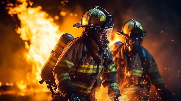 Firefighters crew fighting fire accident at nighttime Generative ai