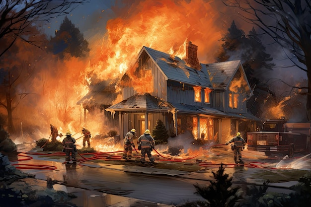 写真 消防士が家の火を消す 3d イラストレーション アメリカの家が火災になり、消防士が火を止めようとする ai 生成