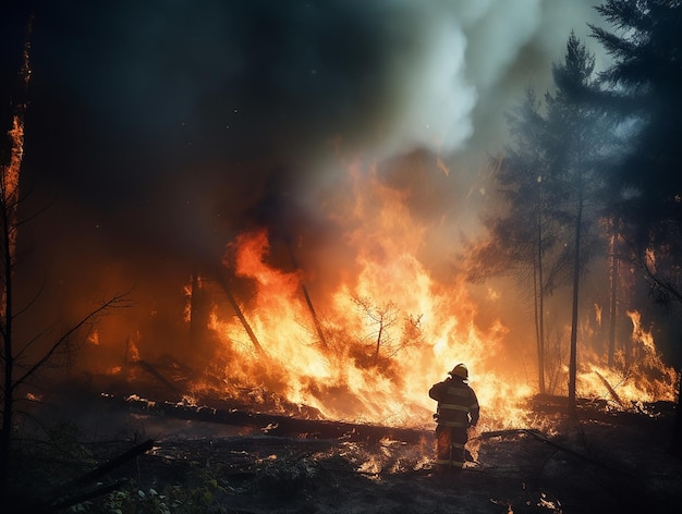 Firefighters extinguish a fire in the forest at night