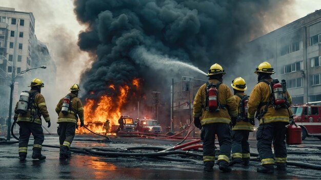 Firefighters fighting a fire in the city Firefighters fighting a fire