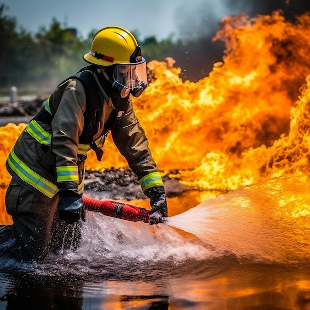 Foto pompieri pompieri che spruzzano acqua ad alta pressione o agenti di estinzione adatti ai pompieri utilizzare estintori ad acqua a nebbia per combattere le fiamme di olio per controllare la diffusione degli incendi