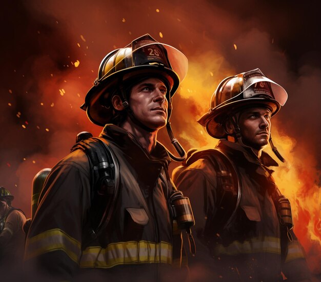 firefighters in front of a fire with flames in the background generative ai