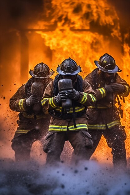 Firefighters in protective gear are fighting a fire with a hose generative ai