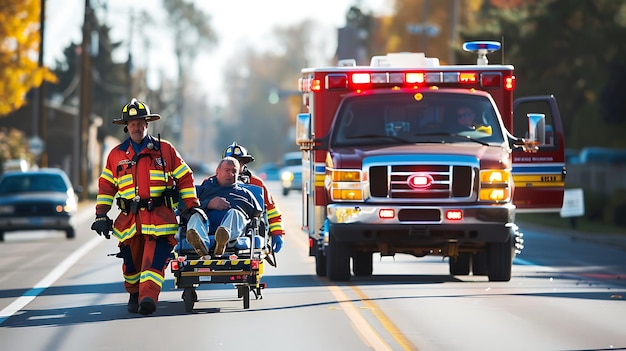 Firefighters pushing a gurney with a patient towards an ambulance on a busy road