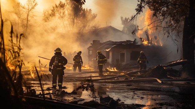 Firefighters put out a fire in a burnedout house