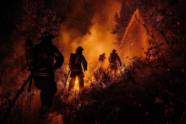 Photo firefighters putting out a fire in the forest