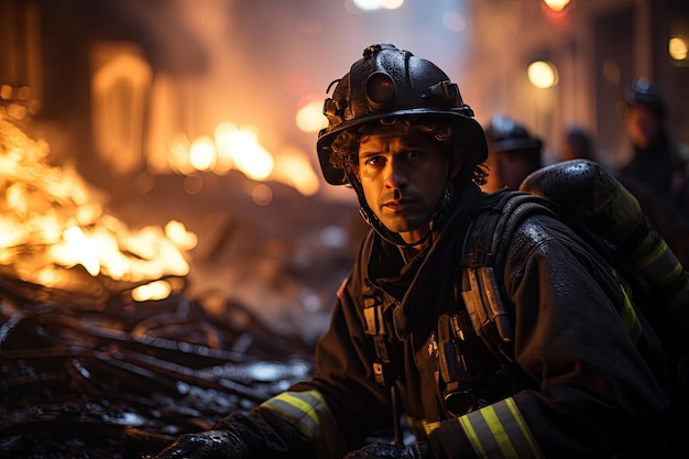 燃え盛る建物から閉じ込められた人を救出する消防士 AI で生成