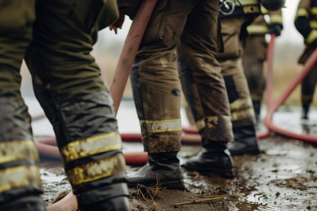 Photo firefighters rolling up hose after successful drill completion