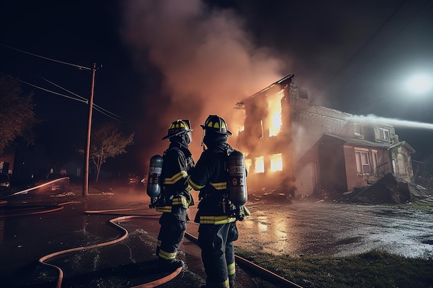 Firefighters spraying down fire generative ai