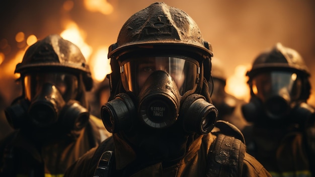 Firefighters Standing in Front of Blazing Fire