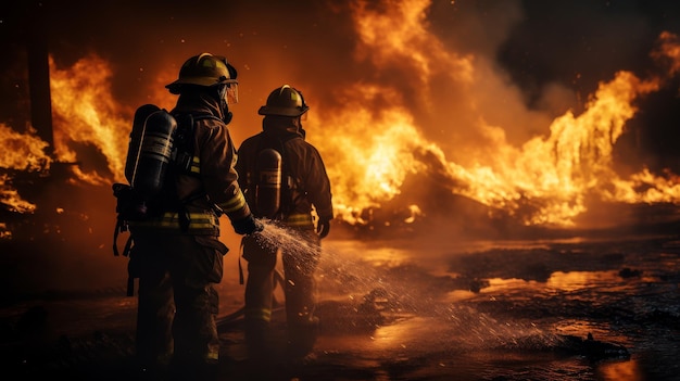 猛烈 な 火 の 前 に 立っ て いる 消防 員 たち