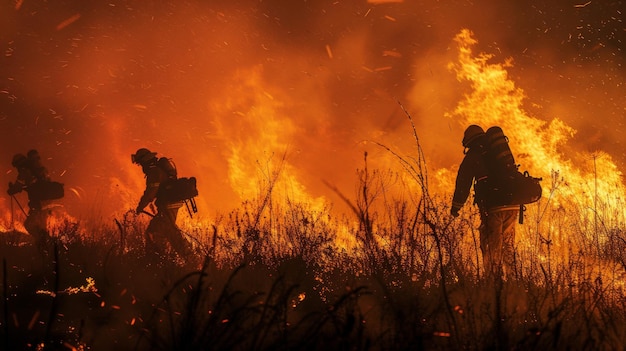 Firefighters team battle a wildfire because climate change and global warming is a driver of global wildfire trends