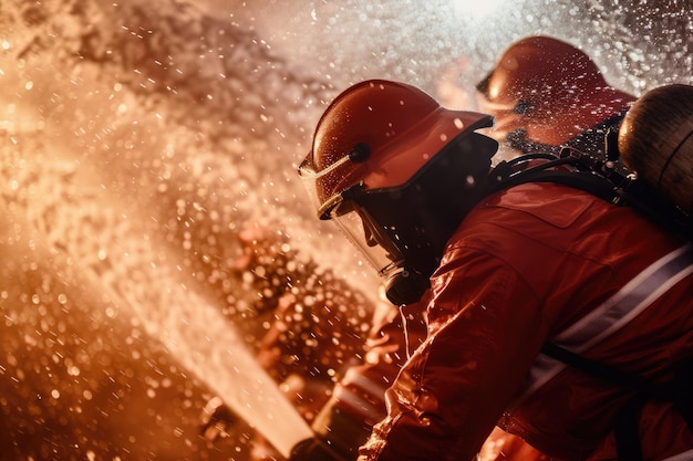 Photo firefighters training in using water and fire extinguishers safety gear