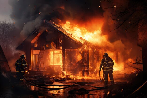 Пожарные пытаются потушить пожар в доме.