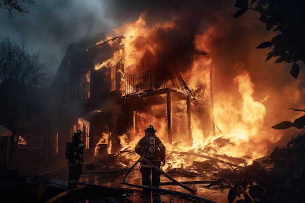 Пожарные пытаются потушить пожар в доме.
