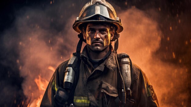 firefighters in uniform against the background of the fire